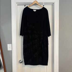 London Times Black V-Neck Midi Dress with Textured Swirl Panels